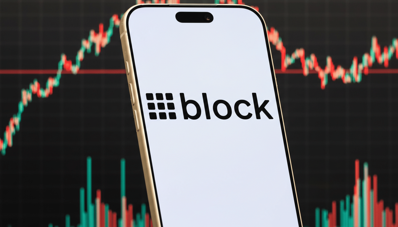 A smartphone displaying the block logo on its screen, with a stock market graph in the background.
