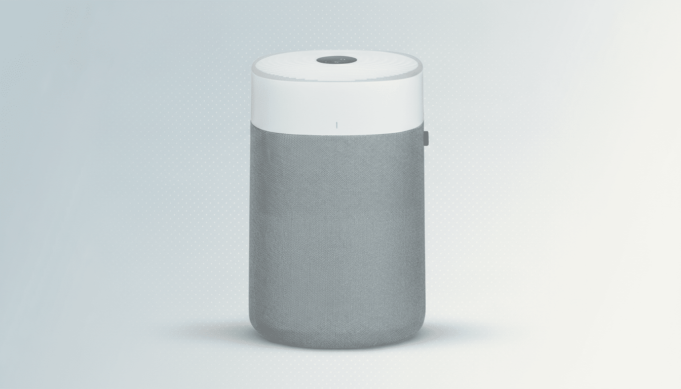 A cylindrical air purifier, gray on the bottom and white on top, with a small red tab on the side, set against a professional light gray background with subtle patterns.