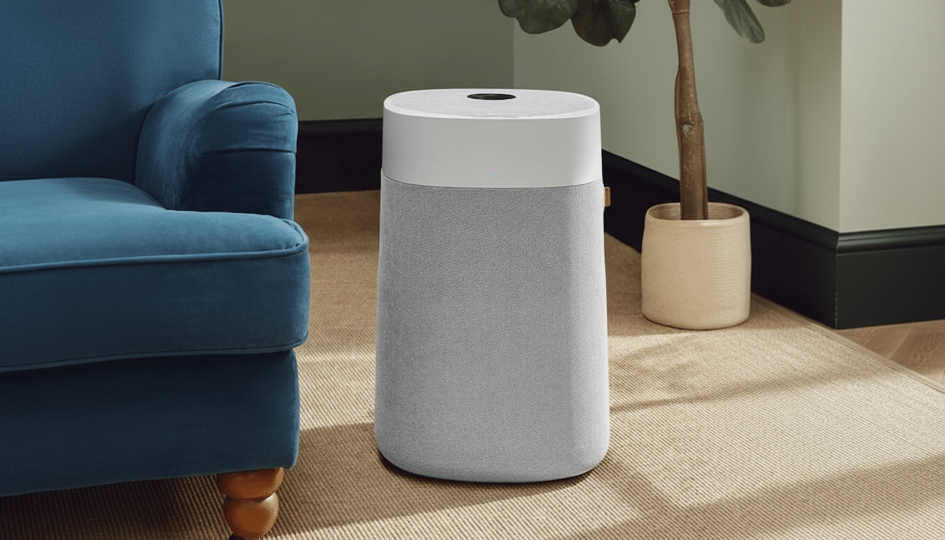 A light gray cylindrical air purifier with a white top sits on a woven rug next to a blue armchair and a potted plant.