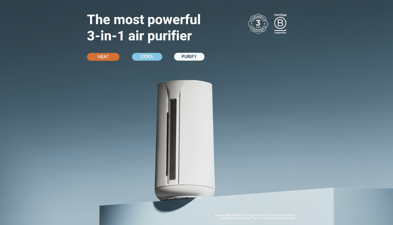 A white 3-in-1 air purifier on a blue and grey background, with text The most powerful 3-in-1 air purifier and buttons for HEAT, COOL, and PURIFY.