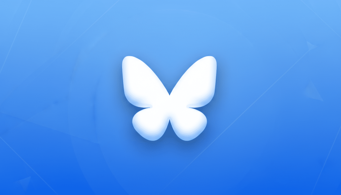 A white, soft-edged butterfly icon centered on a professional blue background with subtle geometric patterns and a gradient, resized to a 16:9 aspect ratio.