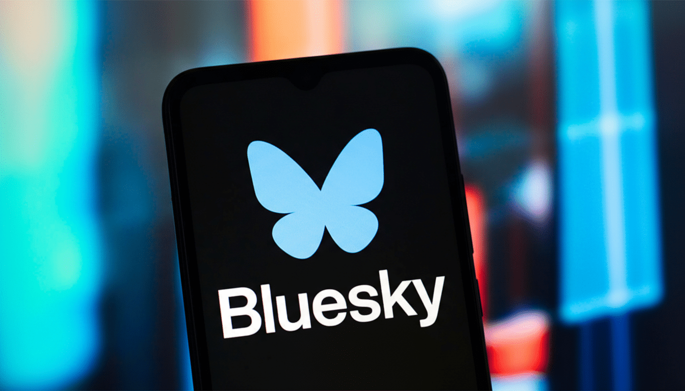 A smartphone displaying the Bluesky logo and name on its screen, set against a blurred background.