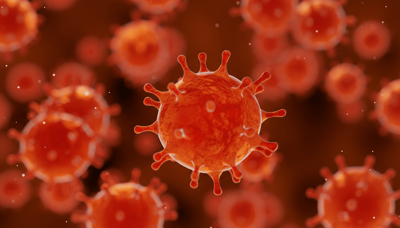 A microscopic image of several red virus cells with spiky surfaces, against a blurred red background.