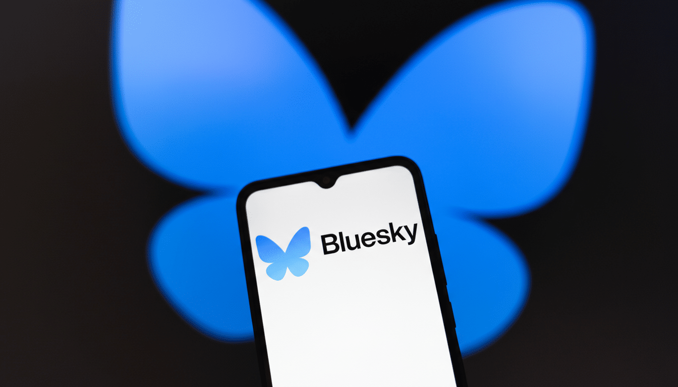 A smartphone displaying the Bluesky logo and name on its screen, with a blurred blue butterfly design in the background.