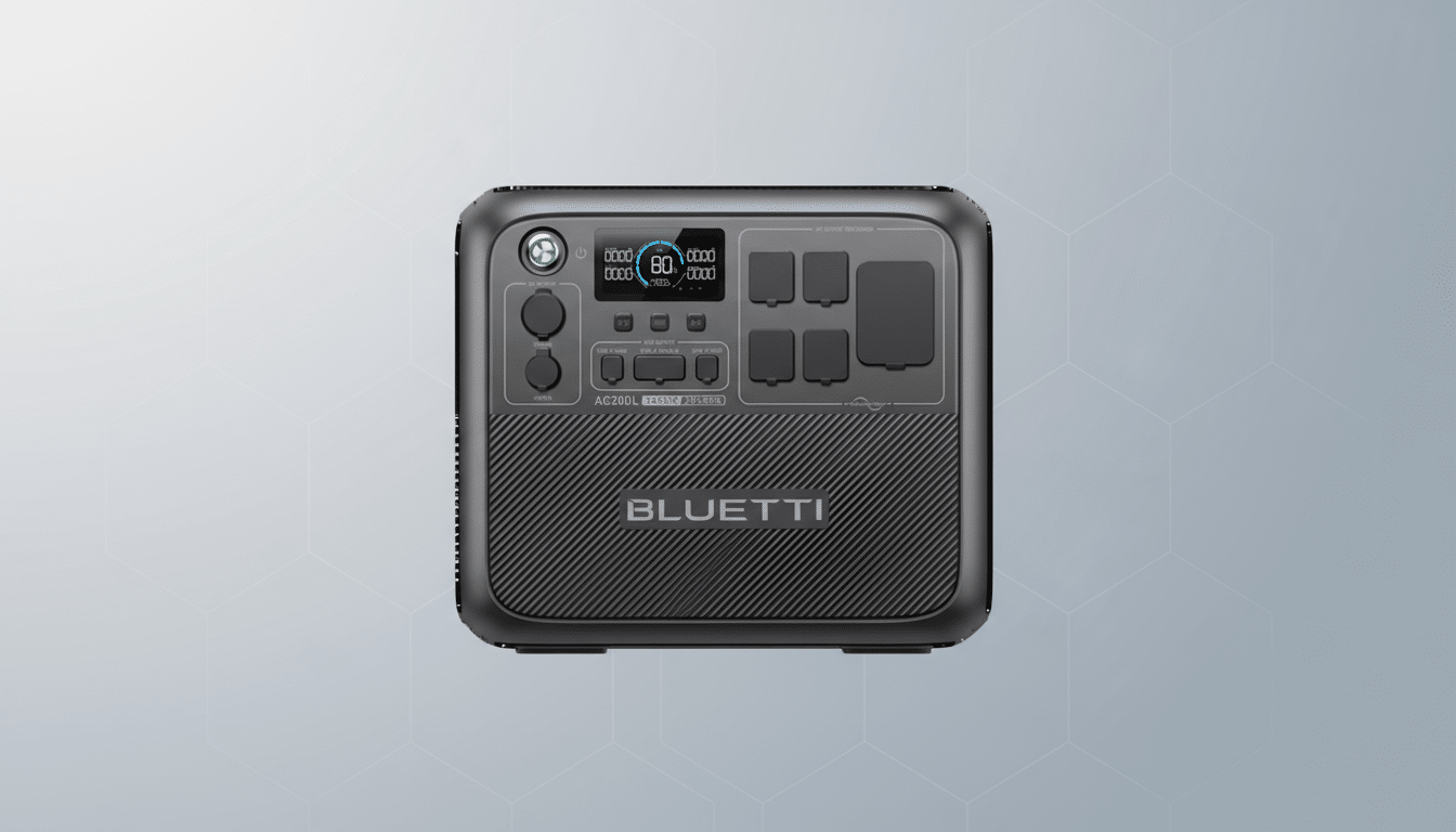 A Bluetti AC200L portable power station with a digital display showing 80% charge, set against a professional flat design background with soft geometric patterns.