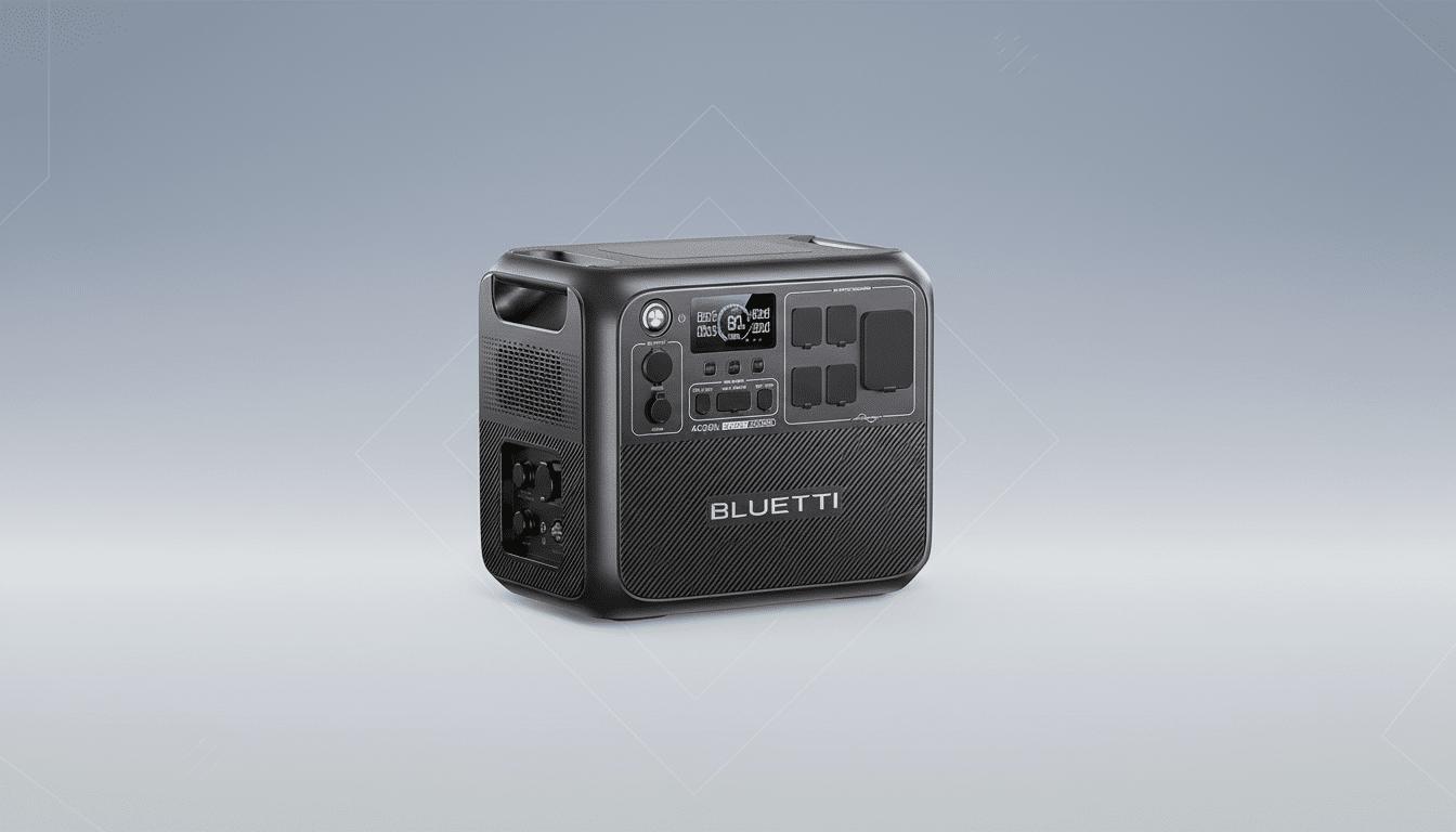 A professional, enhanced image of a black Bluetti AC200L portable power station, resized to a 16:9 aspect ratio with a clean, soft gray gradient background and subtle geometric patterns.