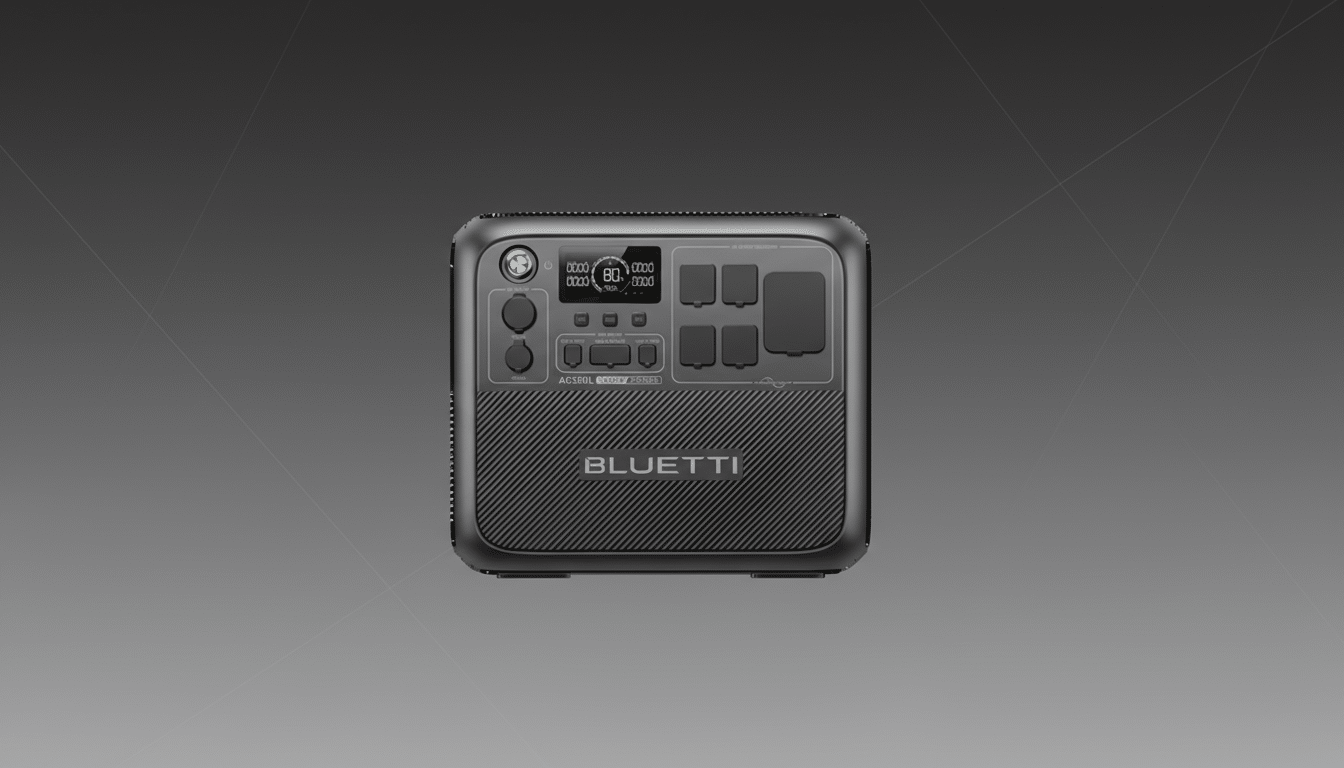 A Bluetti AC200L portable power station with a dark gray, subtly patterned background.