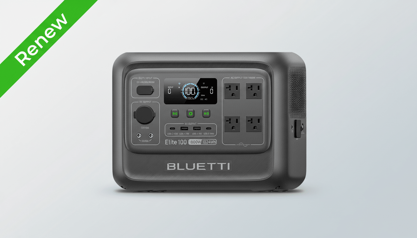 A Bluetti Elite 100 portable power station with a Renew banner in the top left corner, presented on a professional flat gray background with a subtle gradient.