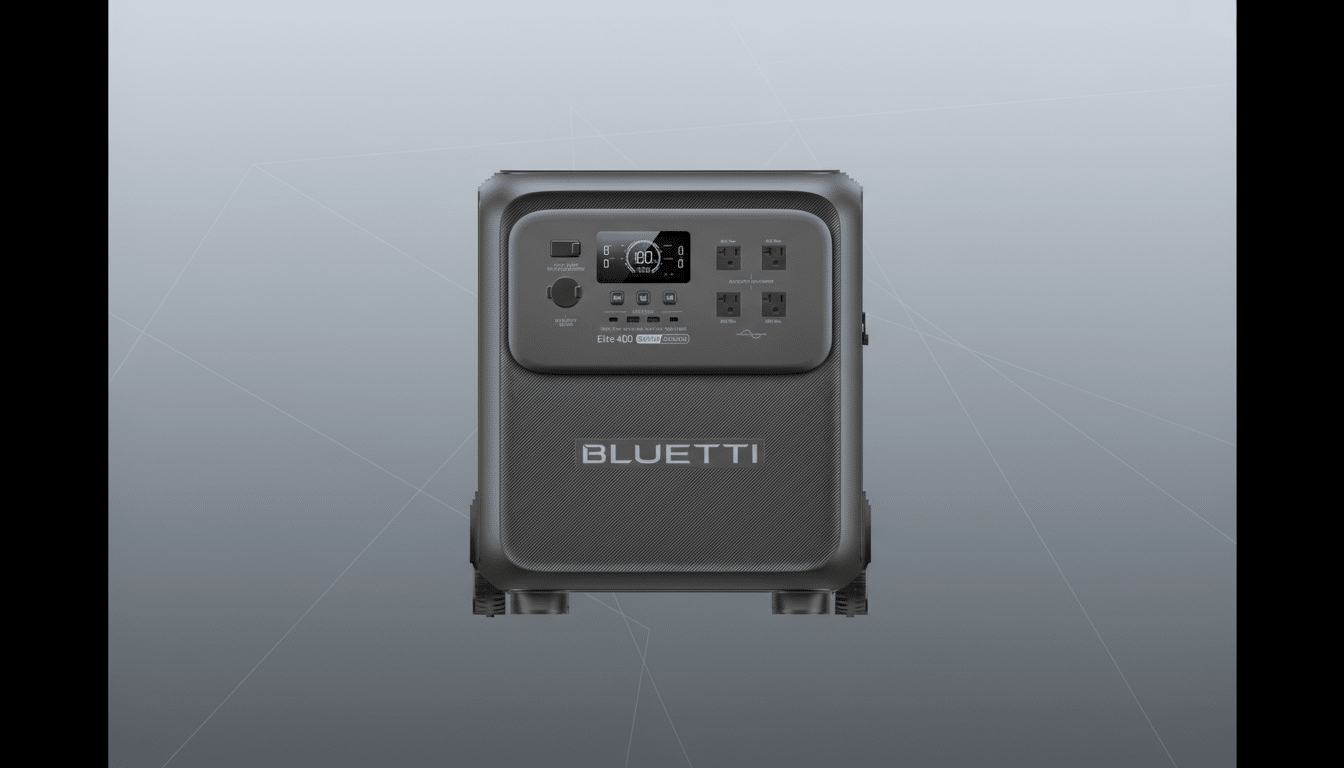 A Bluetti Elite 400 portable power station with a professional flat design background.