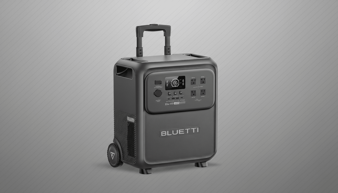 A professional, enhanced image of a black Bluetti portable power station with a retractable handle and wheels, set against a subtle gray gradient background with soft diagonal patterns.