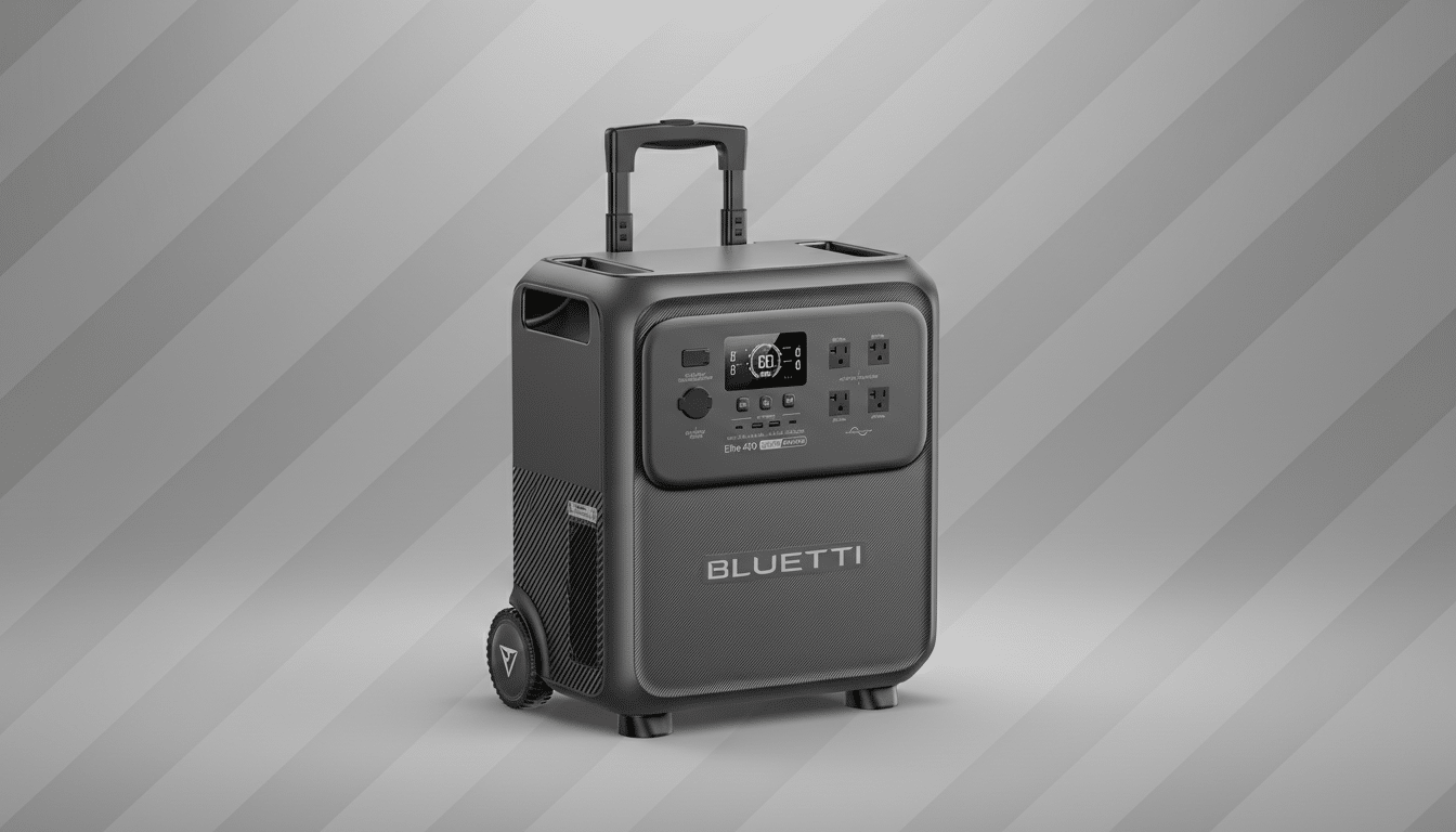 A Bluetti portable power station with a retractable handle and wheels, set against a professional gray background with subtle diagonal stripes.
