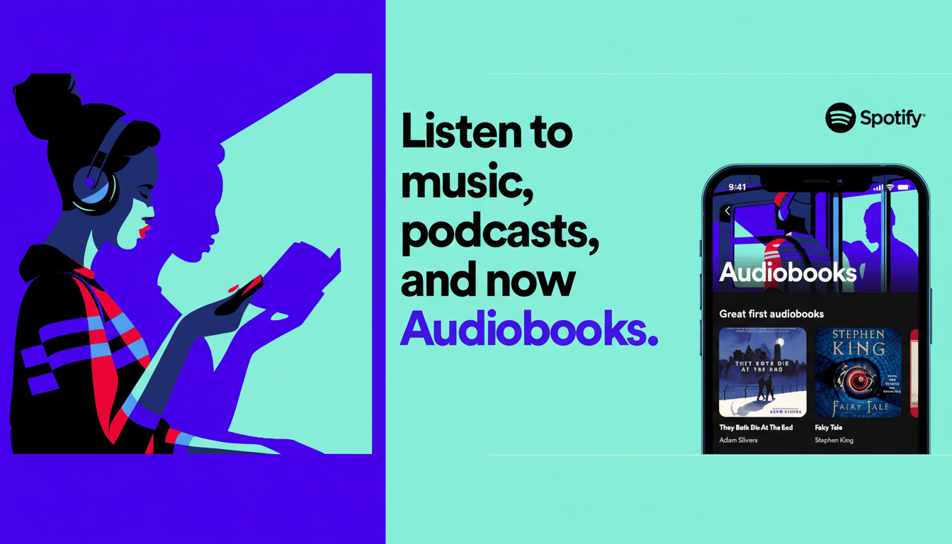 A Spotify advertisement with a woman listening to headphones and reading a book, alongside a phone displaying the Spotify apps audiobooks section.
