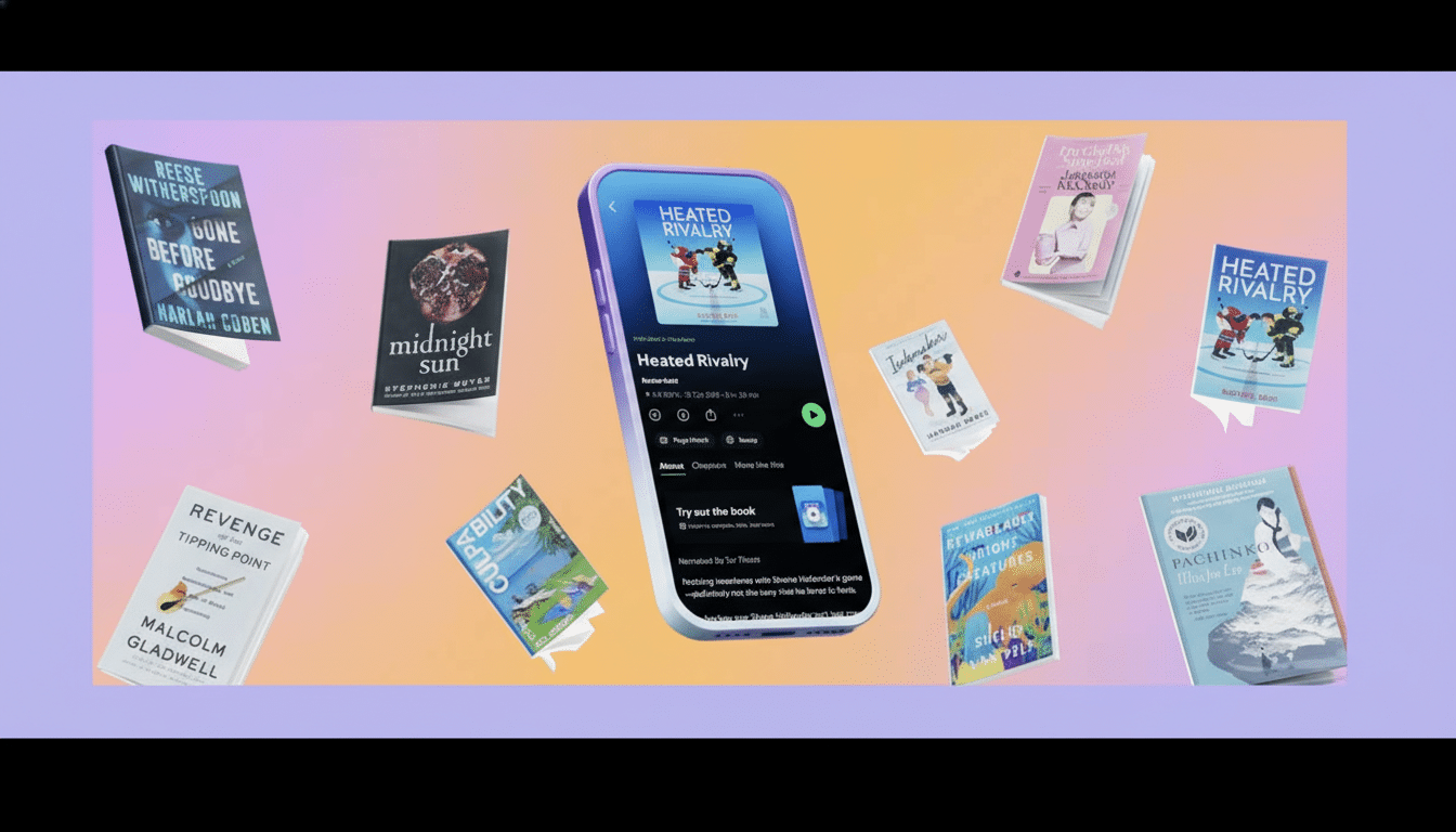 A smartphone displaying an audiobook surrounded by various book covers, resized to a 16:9 aspect ratio with a professional background.