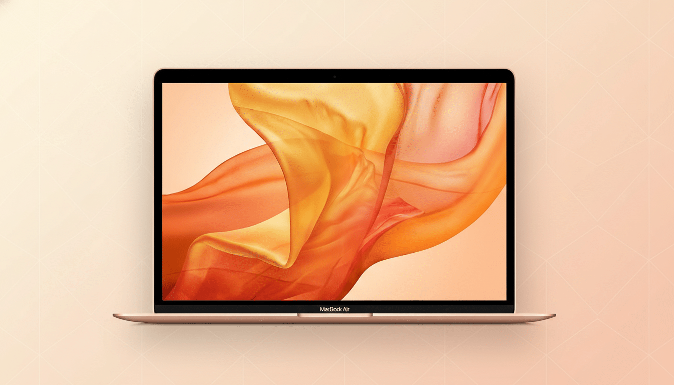 A rose gold MacBook Air with a vibrant orange and yellow abstract wallpaper on its screen, set against a professional light peach background with subtle geometric patterns.
