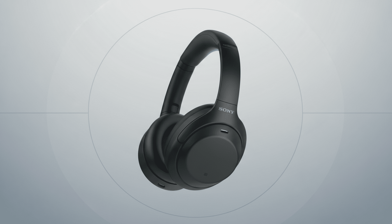 A pair of black Sony WH-1000XM4 headphones presented on a professional flat design background with soft gray gradients and subtle circular patterns.