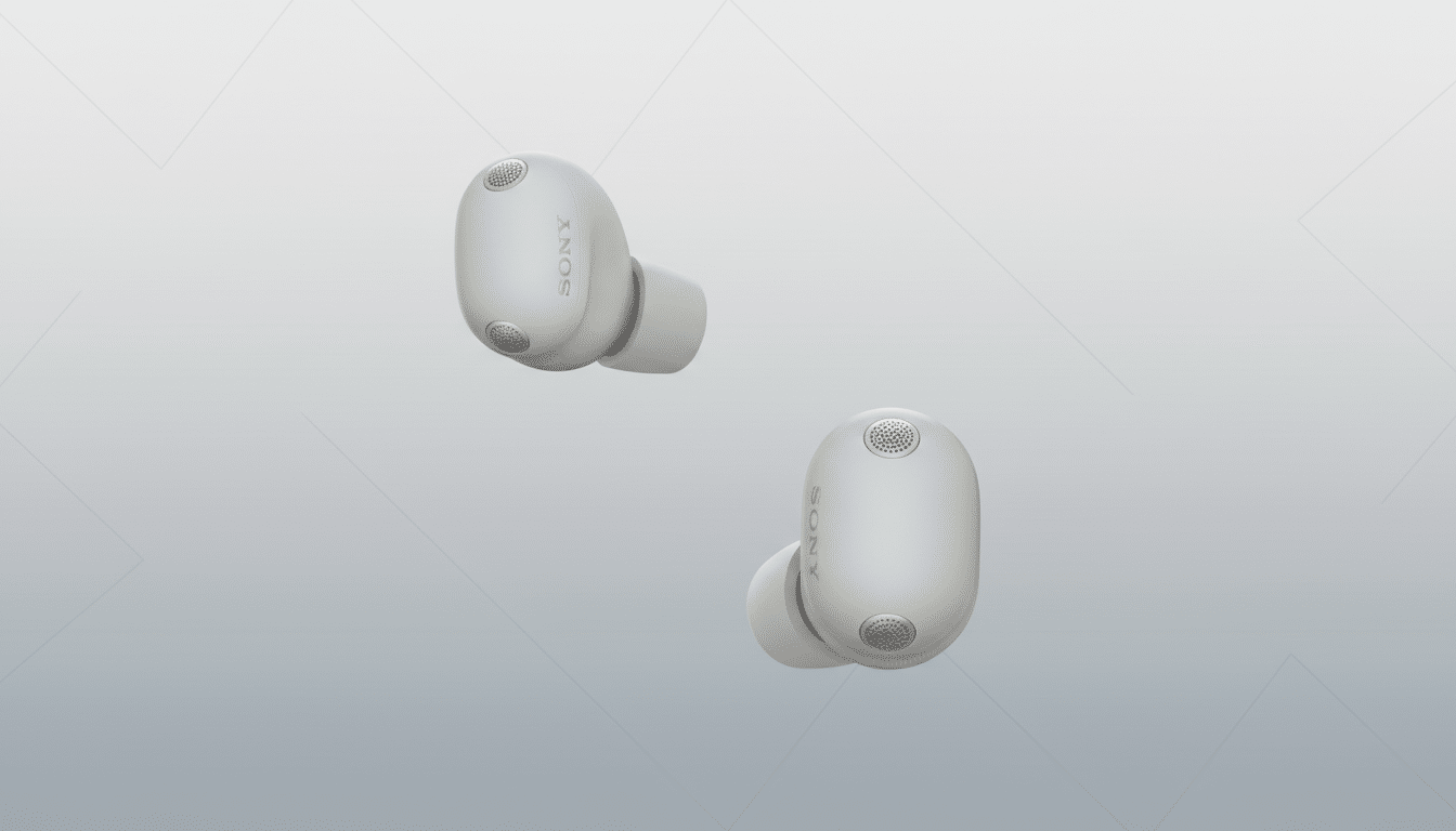 A pair of light gray Sony wireless earbuds are presented against a professional flat design background with subtle geometric patterns and a soft gradient.