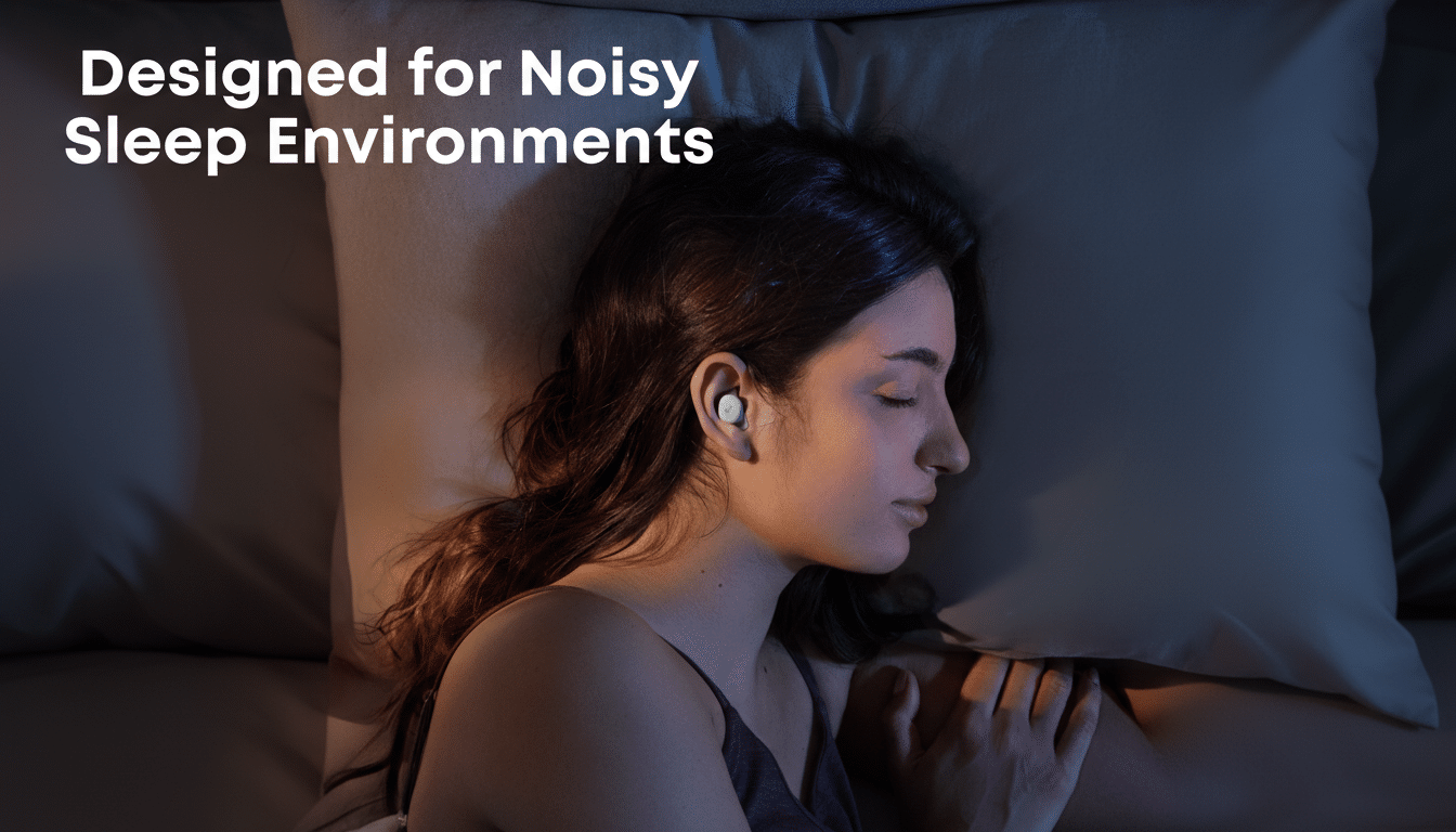 A woman sleeping on a pillow with an earbud in her right ear, with the text Designed for Noisy Sleep Environments overlaid.