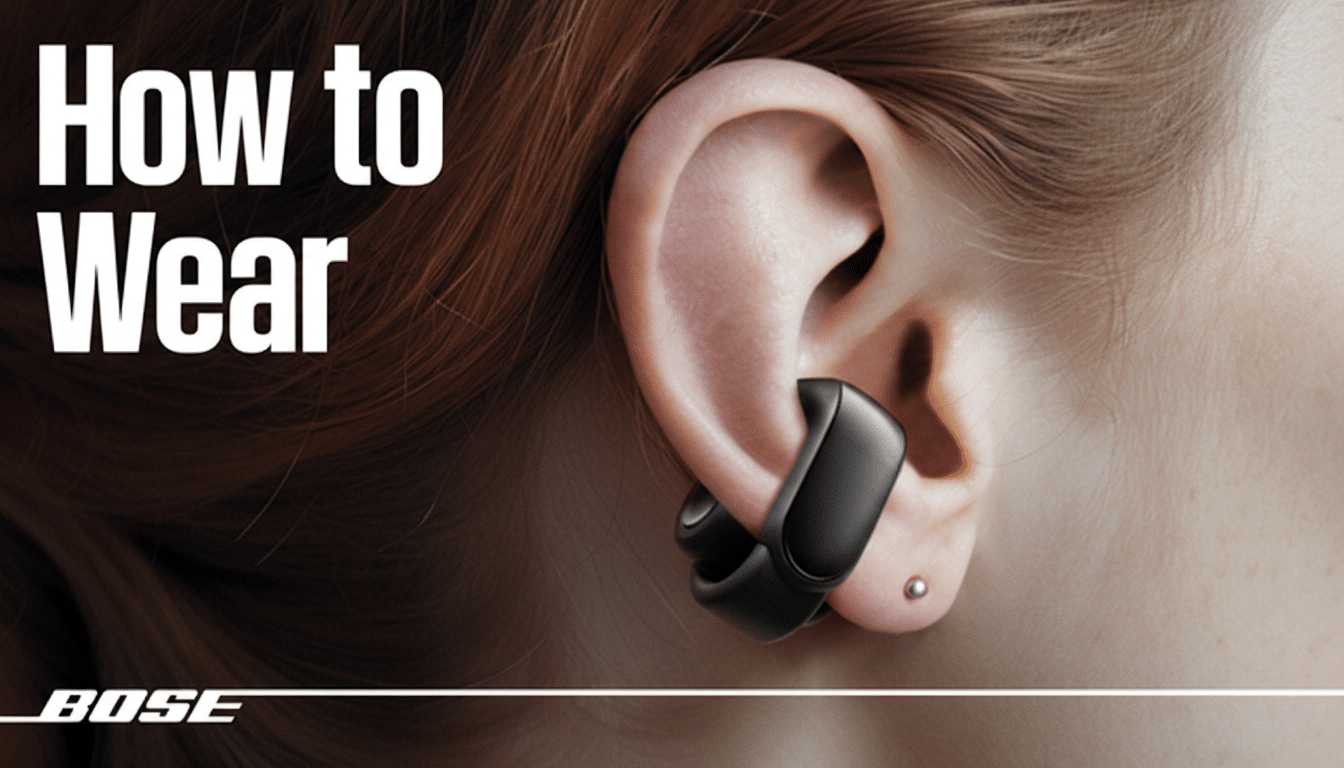 A close-up of a persons ear with a black Bose earbud inserted, demonstrating how to wear it. The text How to Wear is visible in the upper left corner, and the Bose logo is in the lower left.