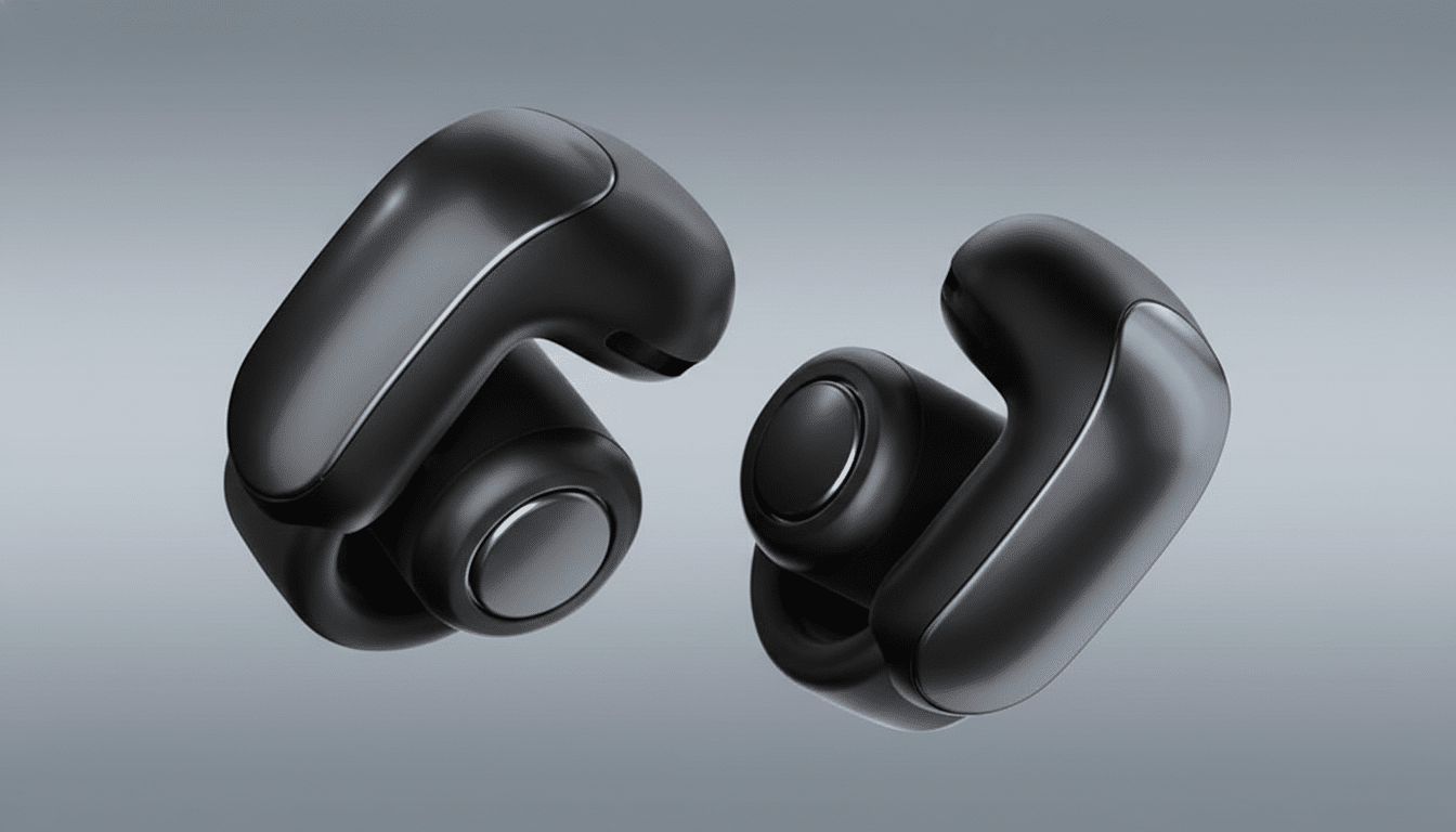 A pair of black, sleek, and modern wireless earbuds with a metallic accent, presented against a professional flat gray background with a subtle gradient.