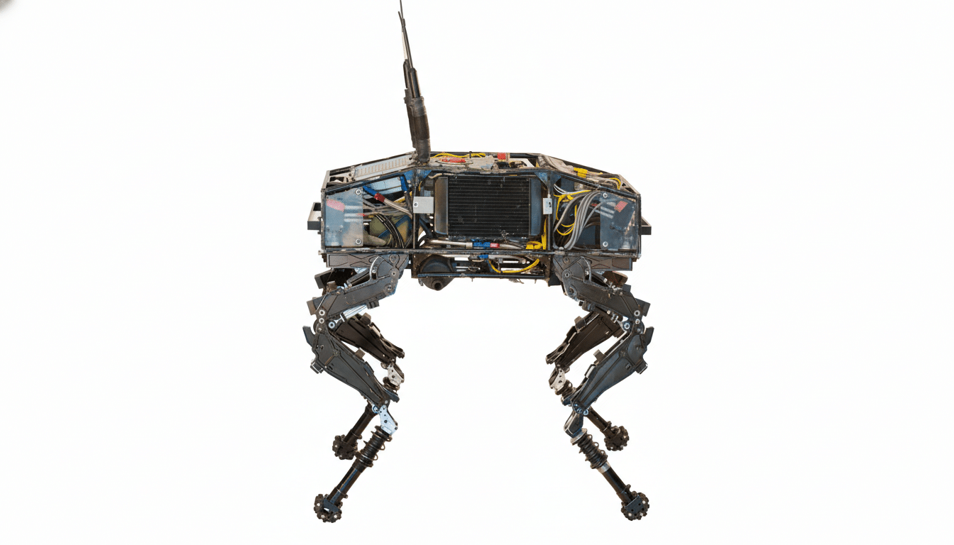 A robotic quadruped with exposed internal components, including wires and a radiator, on a white background.