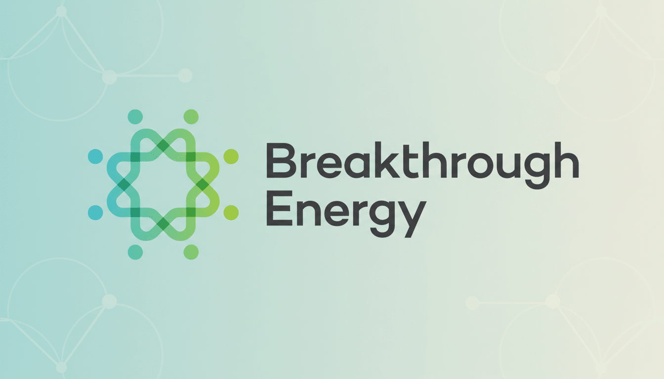 The Breakthrough Energy logo, featuring a stylized green and blue interconnected star-like design with dots, alongside the words Breakthrough Energy in dark gray text, set against a professional flat design background with soft patterns and a gradient from light blue to light yellow.