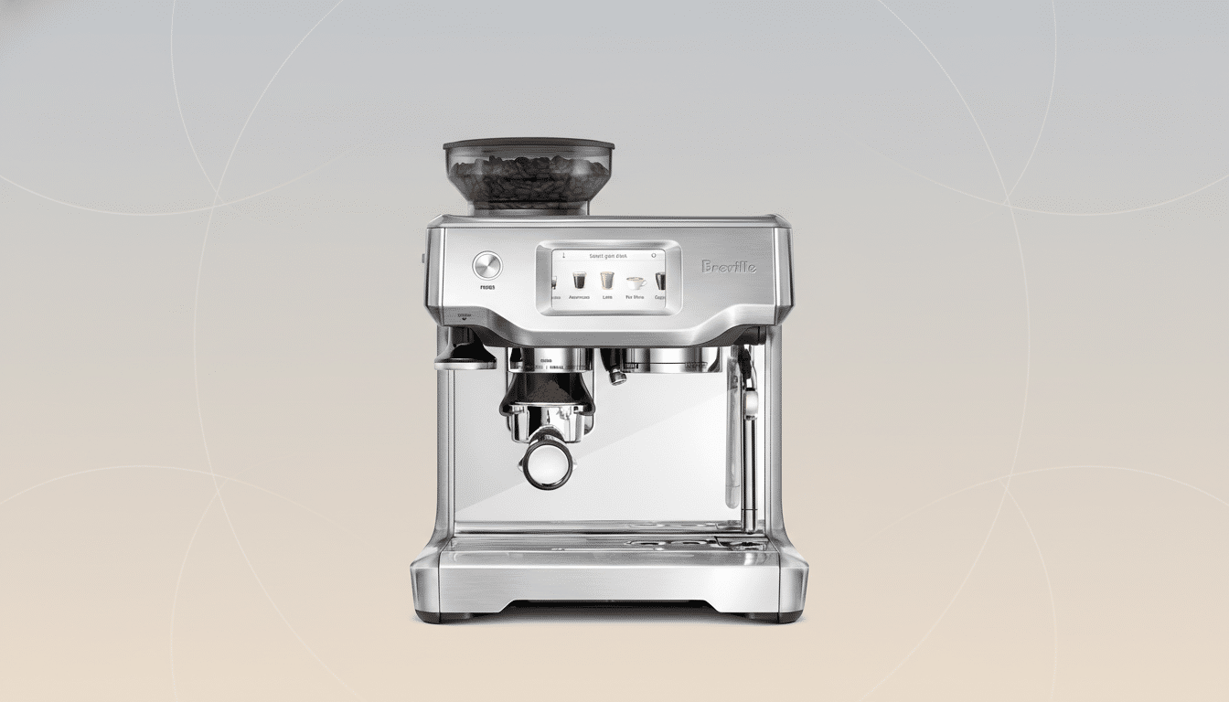 A Breville espresso machine with a professional flat design background in a 16:9 aspect ratio.