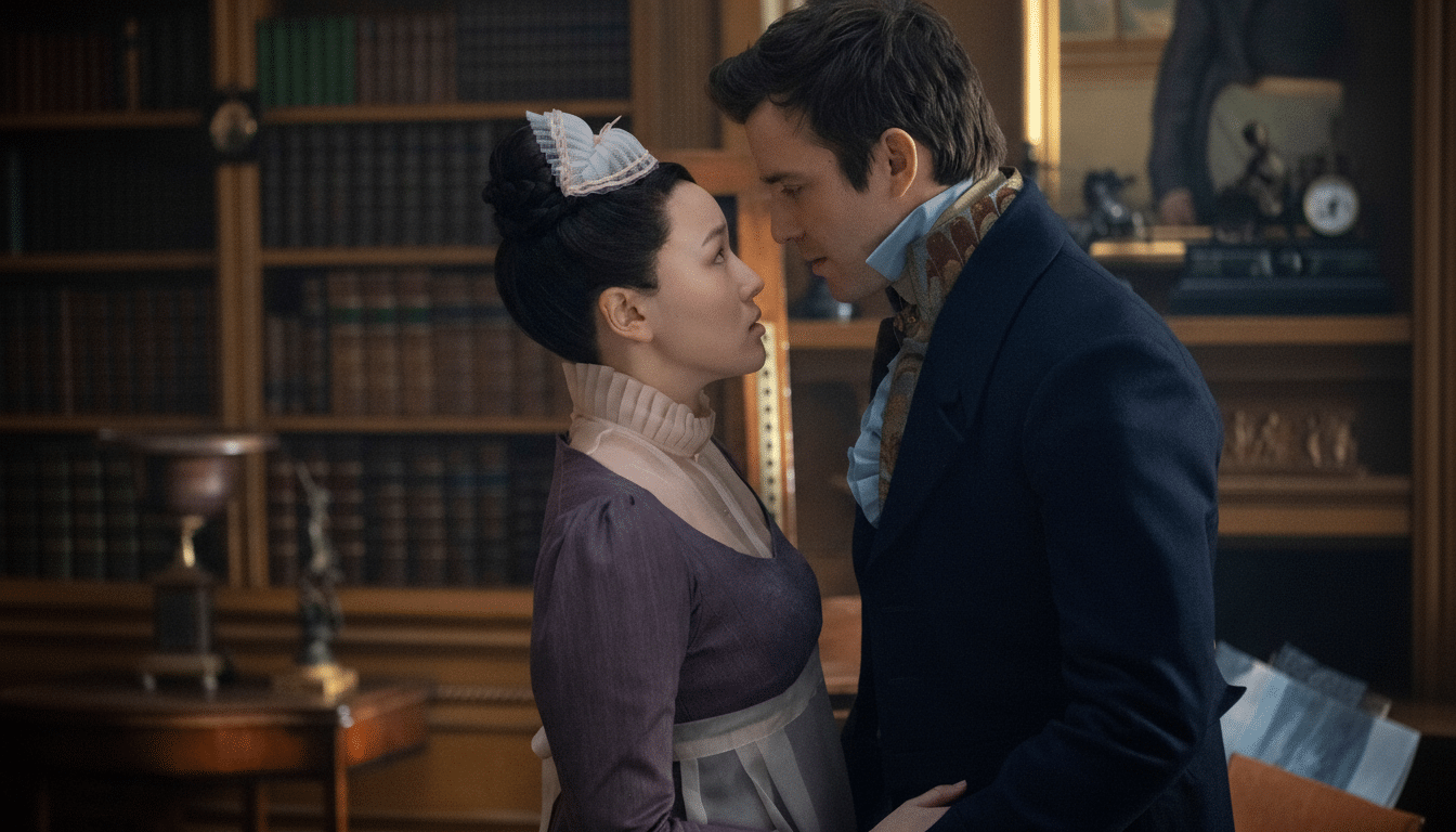 A man and a woman in period clothing gaze at each other intently in a room with bookshelves.