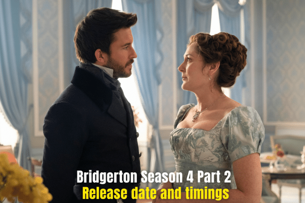 A man and a woman in period clothing look at each other, with text overlayed that reads Bridgerton Season 4 Part 2 Release date and timings.