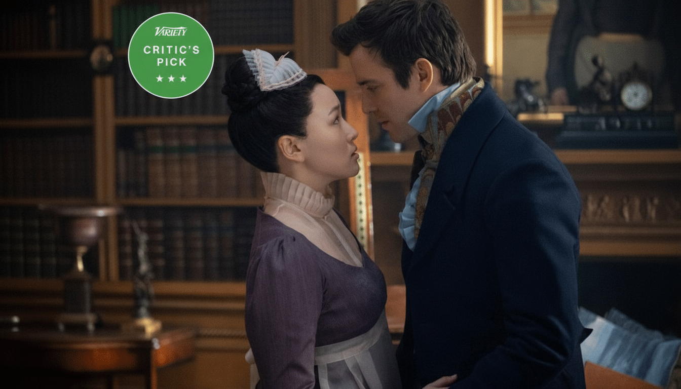 A man and a woman in period clothing gaze at each other intently, with a Variety Critics Pick badge in the upper left corner.