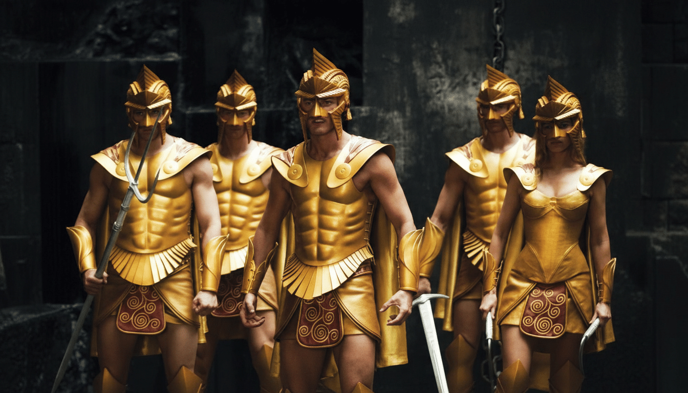 Five warriors in golden armor stand in a dark, ancient setting.