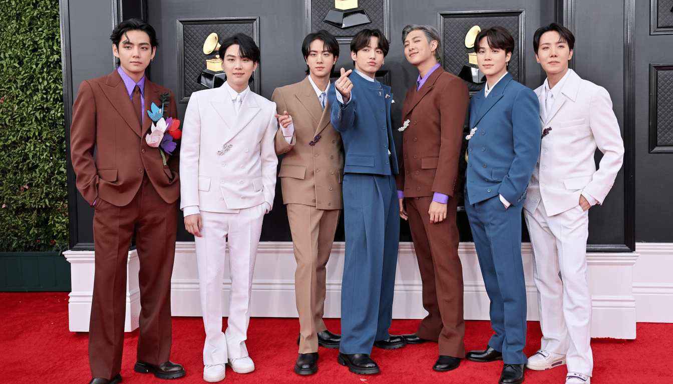 A group of seven men, BTS, in stylish suits posing on a red carpet in front of a black backdrop with gold Grammy logos.