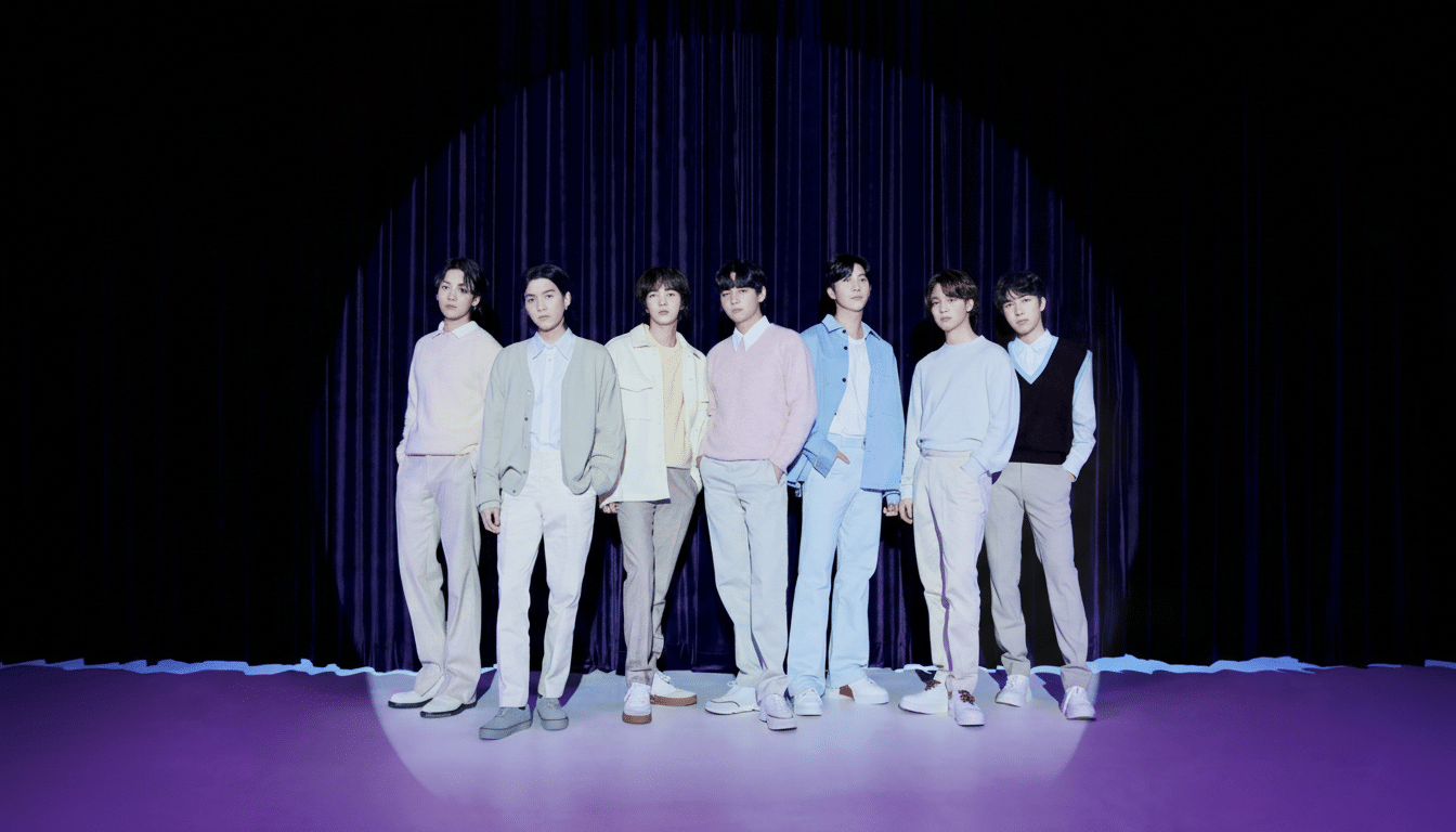 A group of seven men, dressed in pastel-colored outfits, stand in a line on a purple stage with a dark purple curtain backdrop.