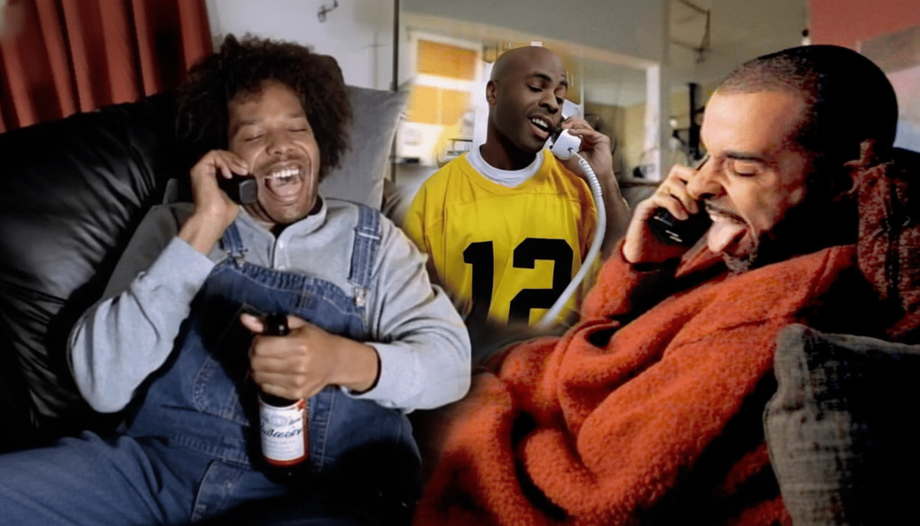 Three men are shown in a split image, each talking on a phone. The man on the left is laughing, holding a beer bottle. The man in the middle is wearing a yellow jersey with the number 12. The man on the right is making a face with his tongue out.