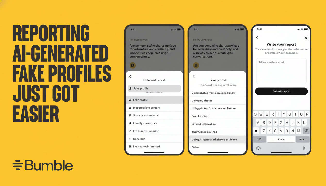 A 16:9 aspect ratio image showing a Bumble ad with the text REPORTING AI-GENERATED FAKE PROFILES JUST GOT EASIER on a yellow background, alongside three phone screens demonstrating the reporting process for fake profiles.