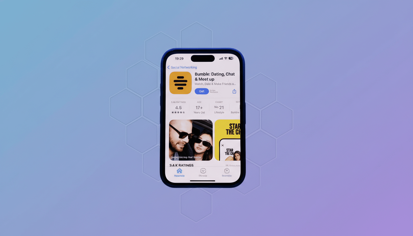 A smartphone displaying the Bumble dating apps page on a professional flat design background with soft patterns and gradients.