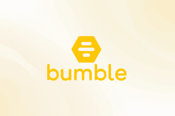 The Bumble logo, featuring a yellow hexagonal icon with three horizontal lines inside, positioned above the word bumble in a rounded, yellow lowercase font. The background is a soft, light yellow gradient with subtle, wavy patterns.