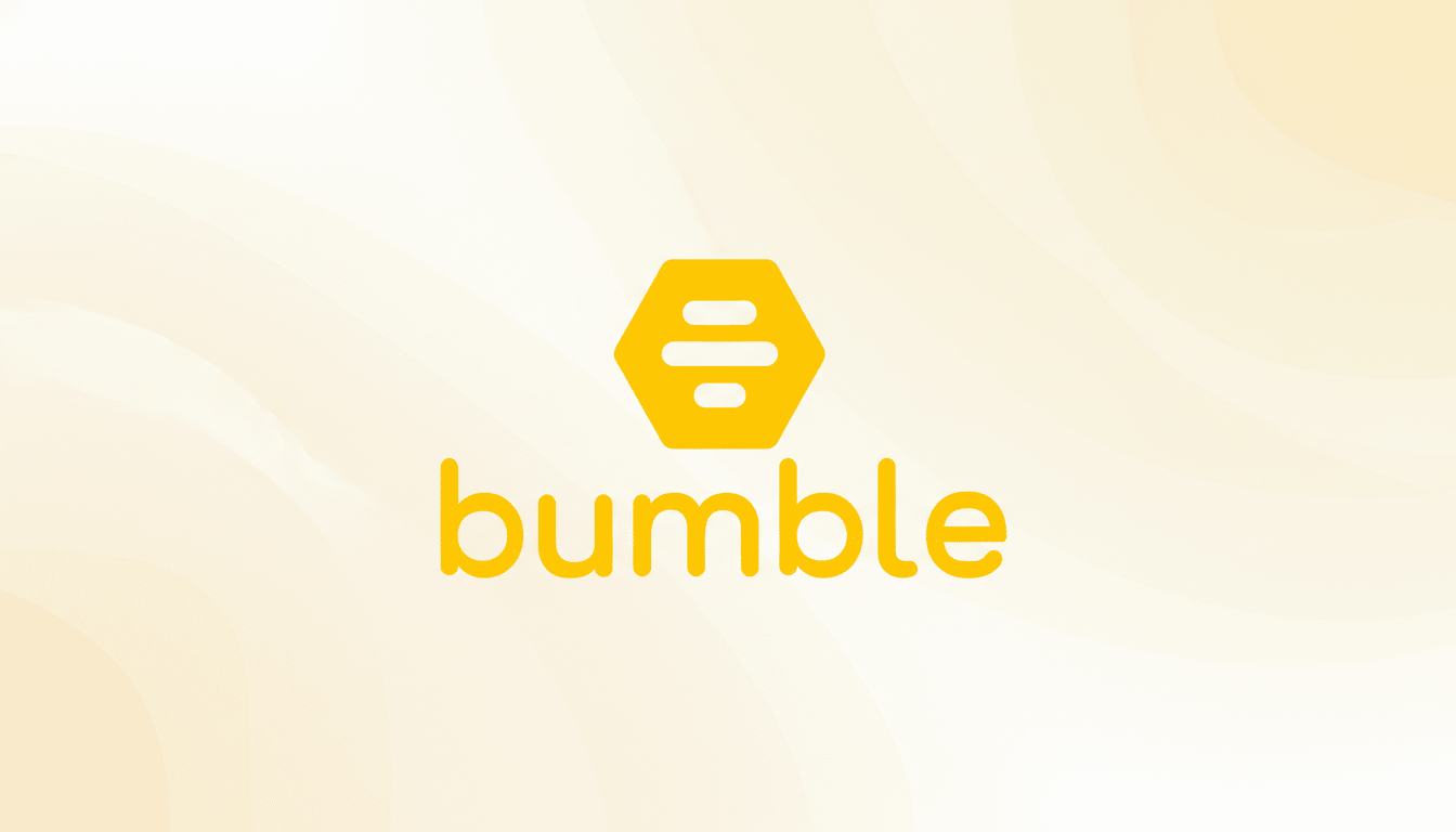 The Bumble logo, featuring a yellow hexagonal icon with three horizontal lines inside, positioned above the word bumble in a rounded, yellow lowercase font. The background is a soft, light yellow gradient with subtle, wavy patterns.