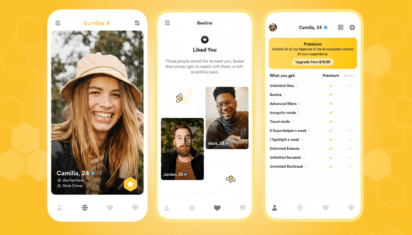 A 16:9 aspect ratio image showing three Bumble app screens. The first screen shows a profile of a woman named Camilla, 24, smiling. The second screen shows Liked You with profiles of Jordan, 25, and Mark, 26. The third screen displays Bumble Premium features and pricing.