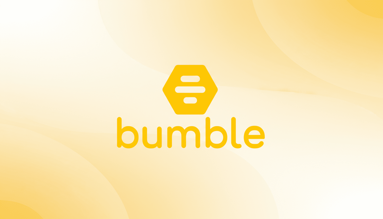 The Bumble logo, featuring a yellow hexagonal beehive icon above the word bumble in yellow lowercase letters, set against a professional flat design background with soft yellow and white gradients and subtle wave patterns.