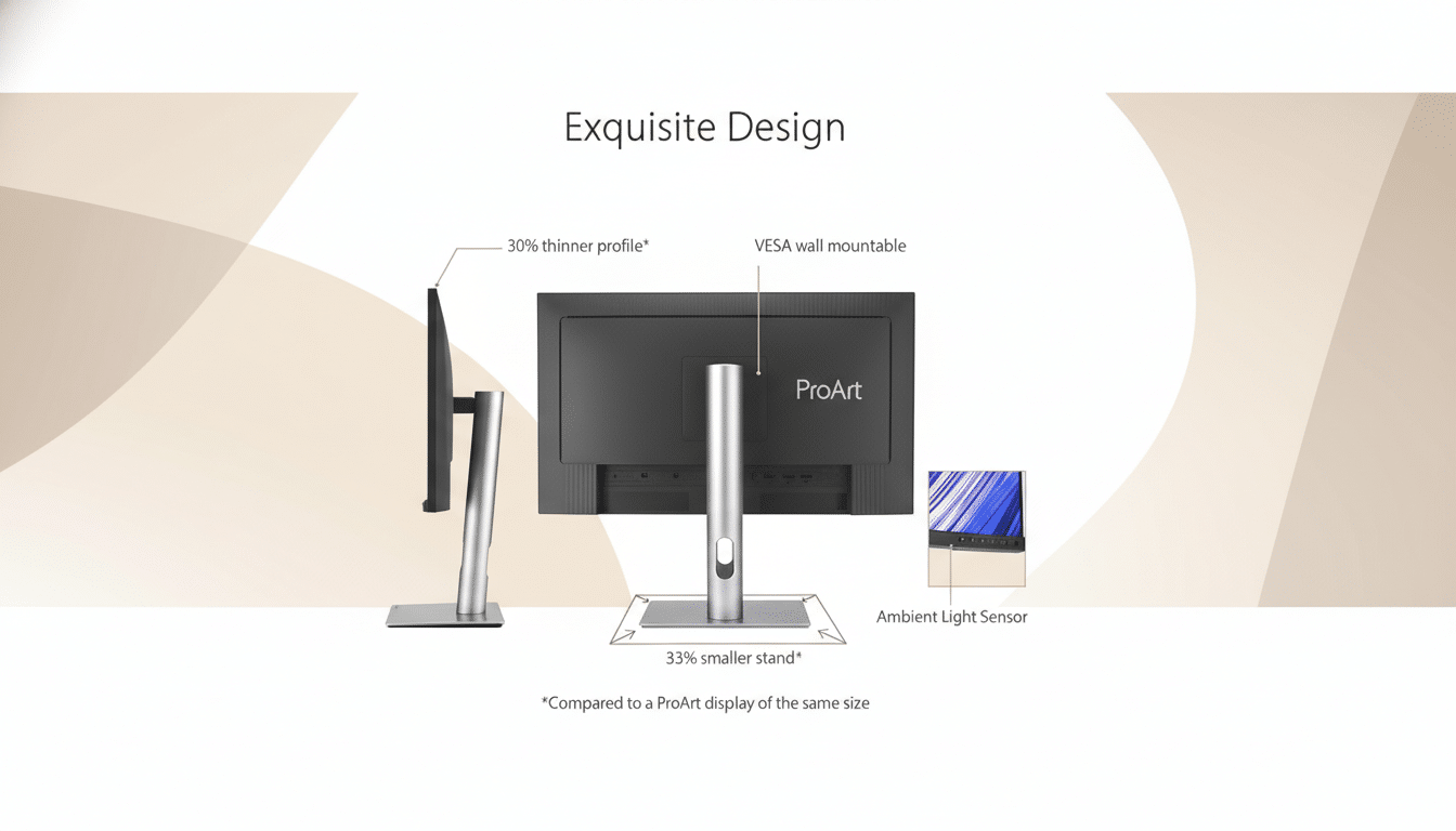 A professional image showcasing the front, side, and back views of a ProArt monitor, highlighting its thin profile, VESA wall mountability, and smaller stand, with an inset image of an ambient light sensor.