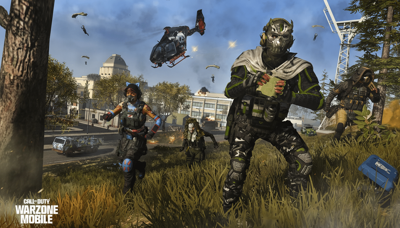 Call of Duty: Warzone Mobile promotional image featuring several characters in a battle scene, with a helicopter and parachuters in the background.