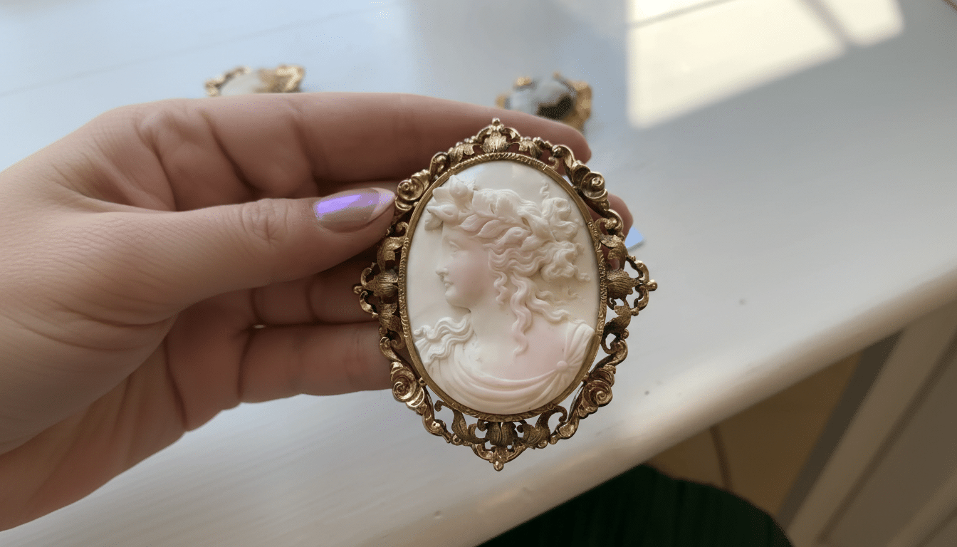 A hand holding an antique cameo brooch with a carved profile of a woman in a gold frame, resized to a 16:9 aspect ratio.