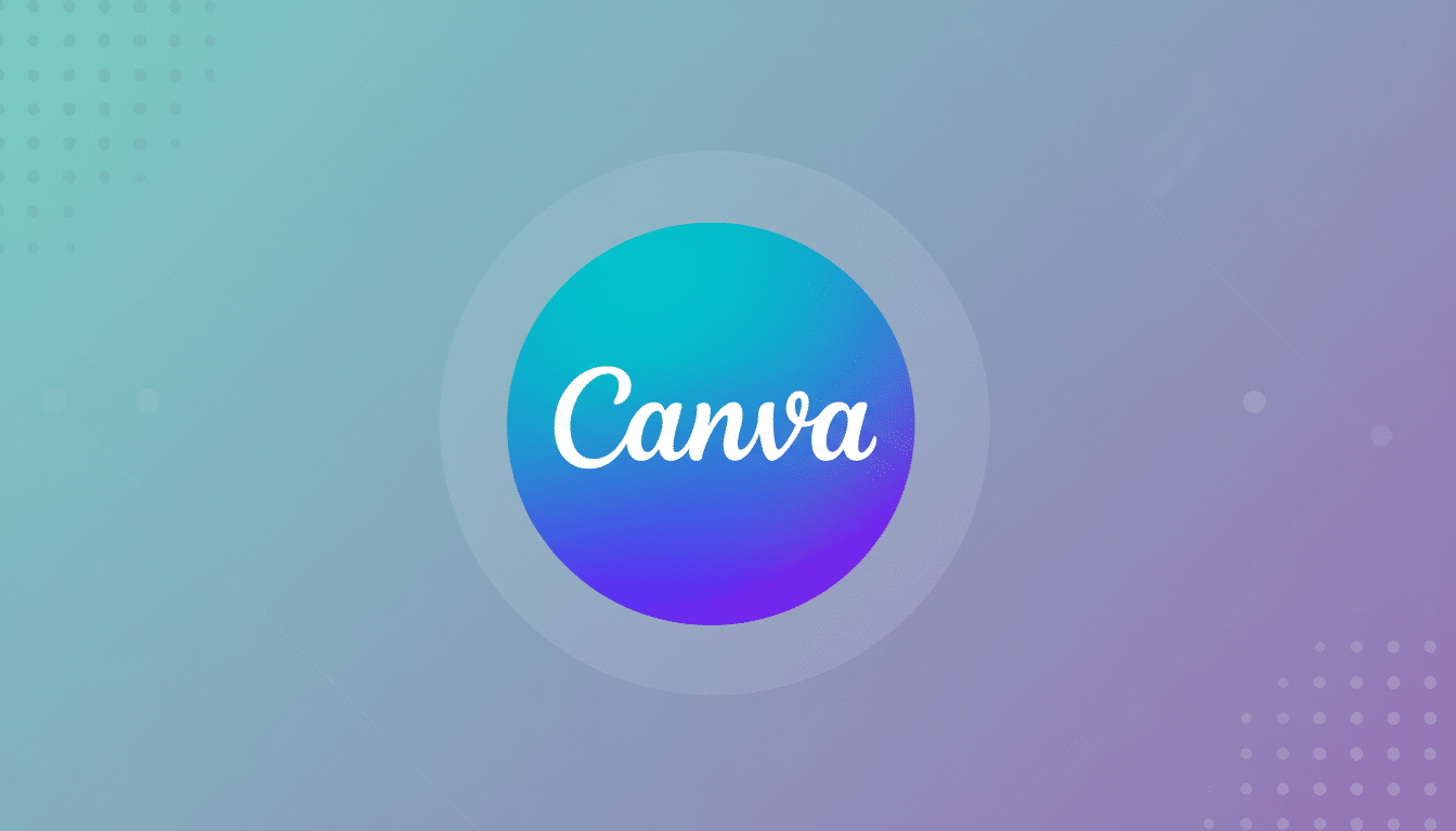 The Canva logo, a white Canva text on a circular gradient background of teal to purple, centered on a professional 16:9 aspect ratio background with soft grey and purple gradients and subtle geometric patterns.