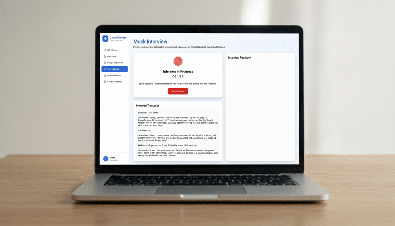 A laptop displaying the CareerSprinter apps Mock Interview feature, with an interview in progress and a transcript visible.