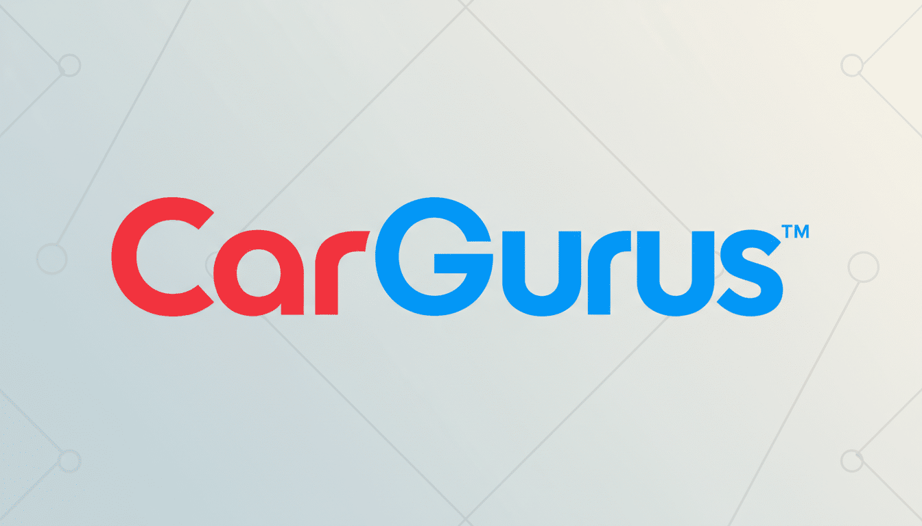 The CarGurus logo, featuring Car in red and Gurus in blue with a small blue TM symbol, centered on a professional light gray background with subtle geometric patterns.