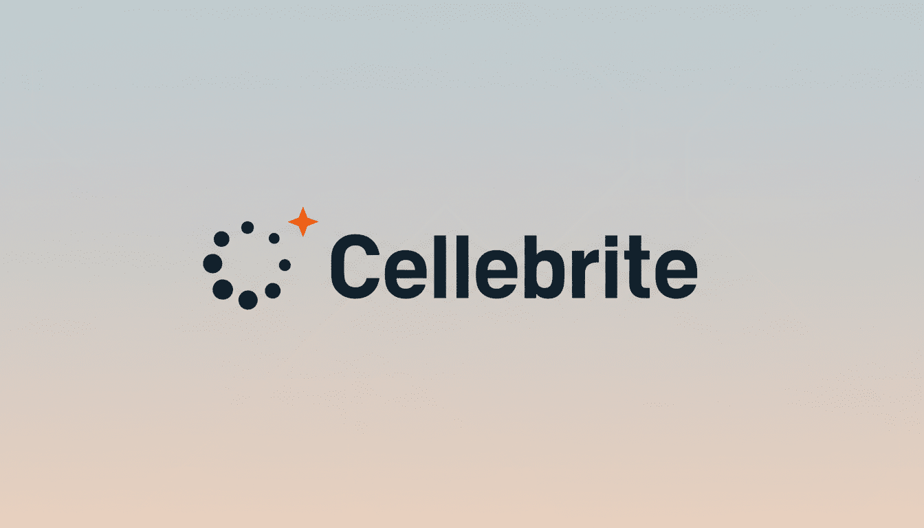 The Cellebrite logo, featuring a dark blue wordmark and a circular icon with an orange star, presented on a professional flat design background with soft gradients and subtle geometric patterns.