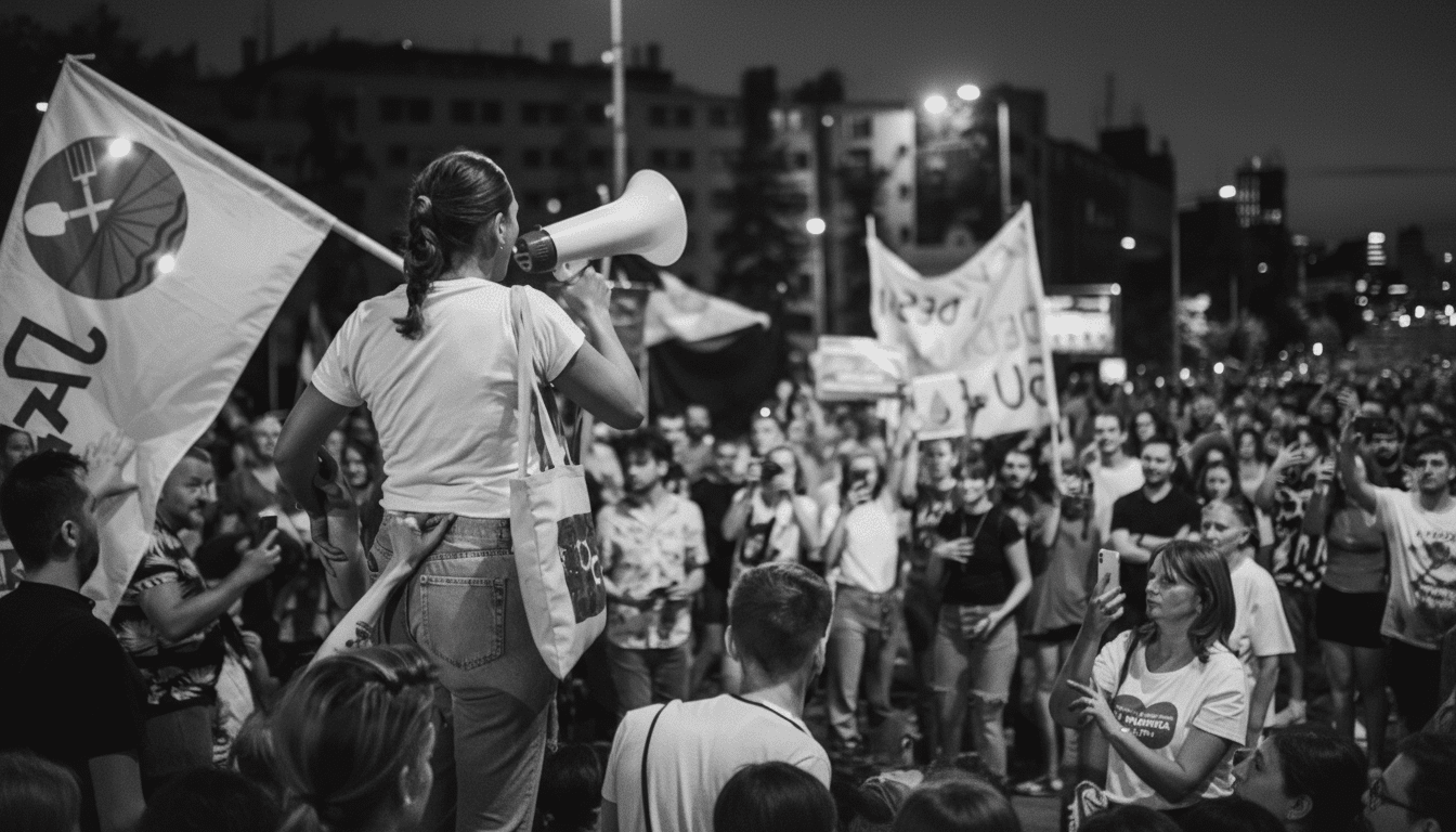 A black and white image of a woman speaking into a megaphone at a protest, surrounded by a crowd of people and flags.