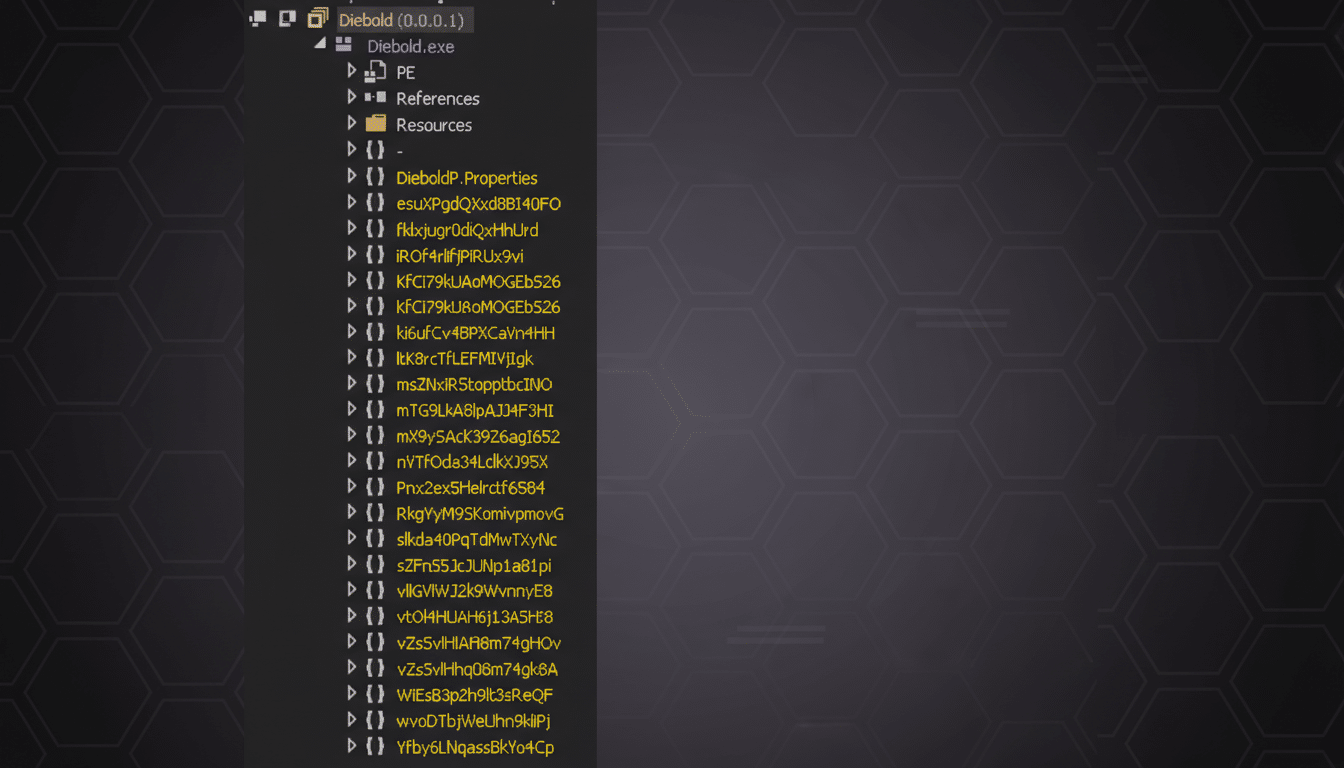 A professional, enhanced image of a file explorer showing a directory named Diebold (0.0.0.1) with subfolders and numerous files with alphanumeric names, set against a dark, subtly patterned background.