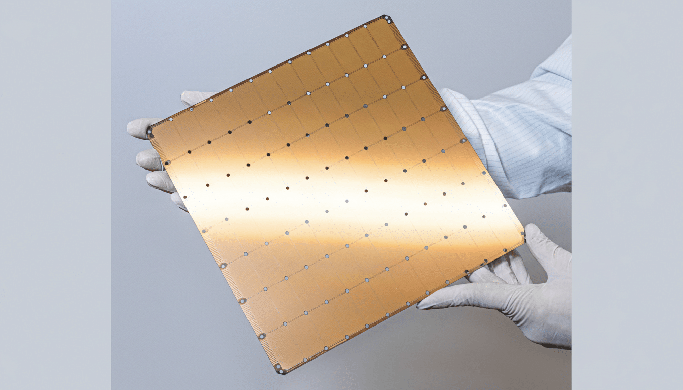 A person in white gloves holding a large, square, golden-brown circuit board with a grid of small, dark dots and lighter circles.