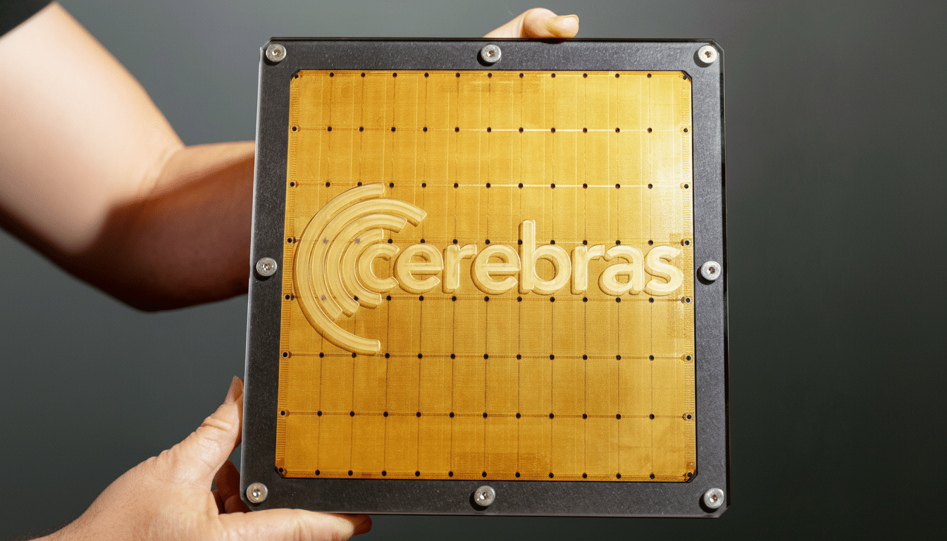 A person holding a large, square, gold-colored Cerebras Systems Wafer-Scale Engine with a black frame, presented in a 16:9 aspect ratio.